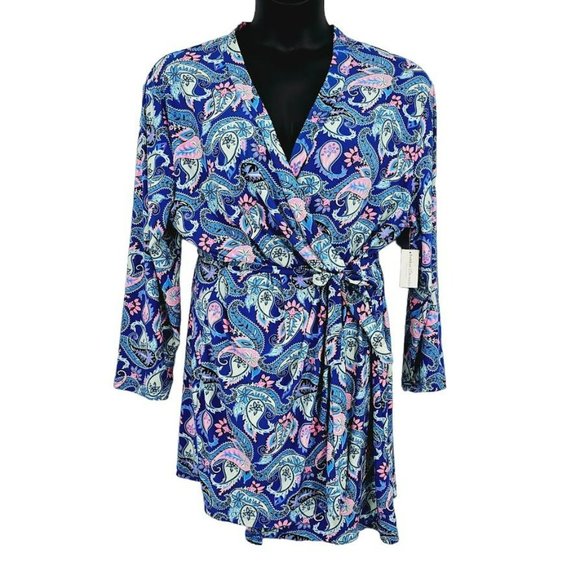 Bobbie Brooks Sleepwear Short Robe L Blue Pink Paisley Print Soft Tie Waist New - Picture 14 of 14